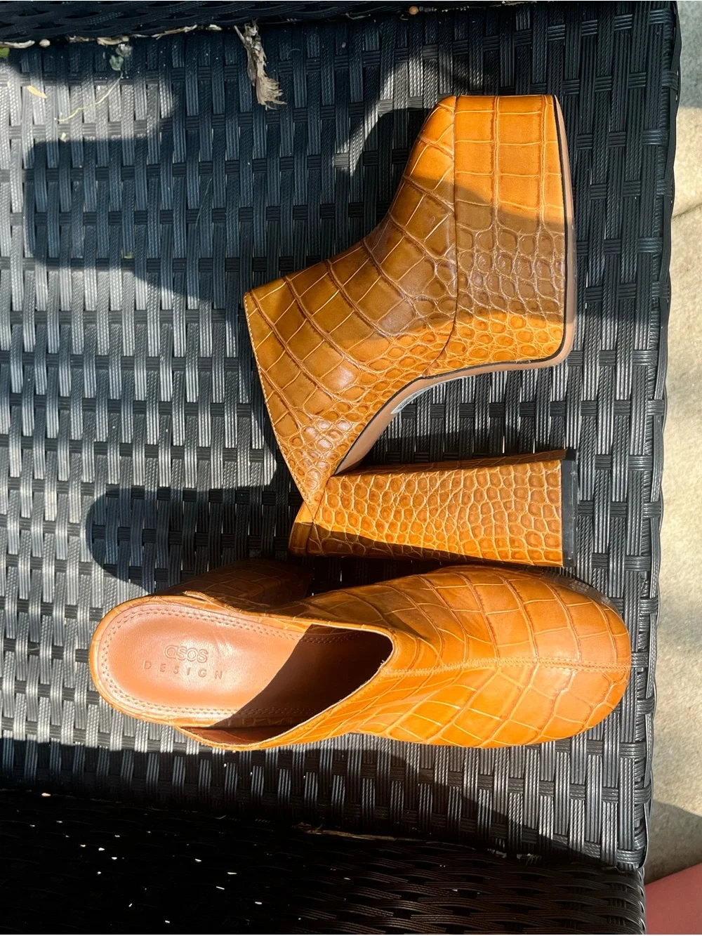 ASOS Croc-Embossed Platform Mule Heels in Cognac